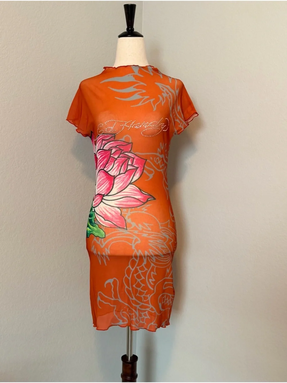 Ed Hardy Lotus Dragon Rhinestone Mesh Cover Up Mini Dress - Orange Combo - Picture 2 of 10